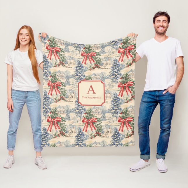 Vintage julby Monogram med röd julslinga Fleecefilt (På plats)