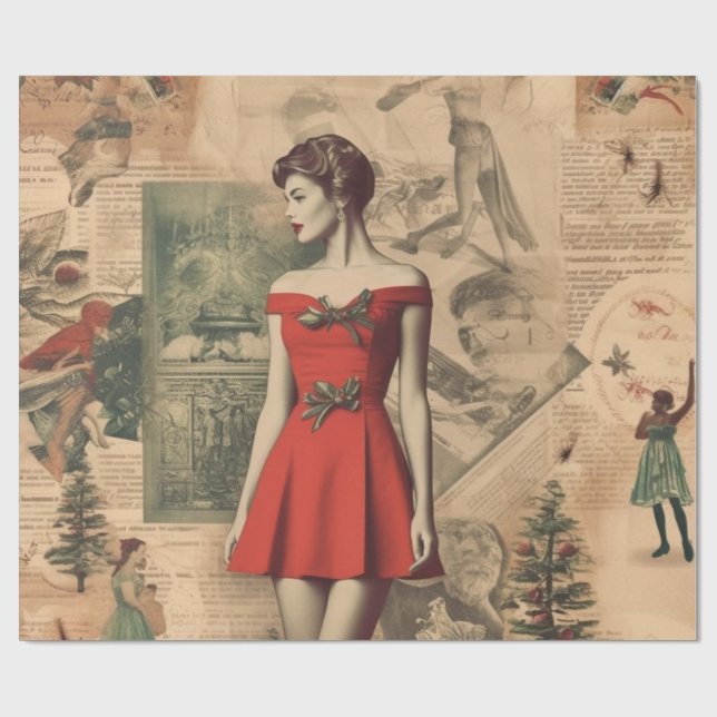 Vintage julcollage Kvinna i rött presentpapper (Platt)