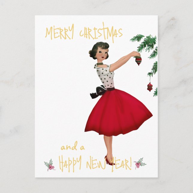 Vintage juldam Merry Christmas hälsning Vykort (Framsida)