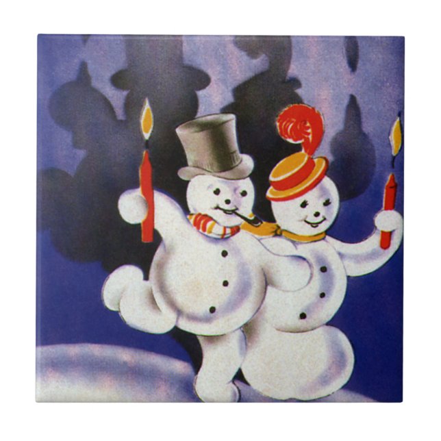 Vintage juldansande snömän med ljus kakelplatta (Framsidan)