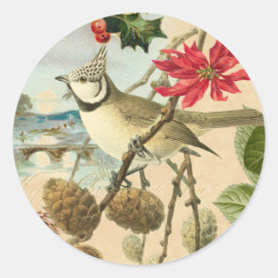 Vintage Juldekal med fågel och röd blomma Runt Klistermärke