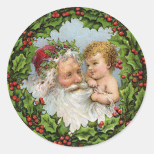Vintage juldekalen Santa och Baby Runt Klistermärke