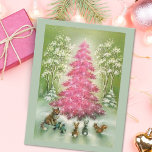 Vintage-juldjur runt rosa träd julkort<br><div class="desc">Vintage-juldjur runt rosa träd</div>