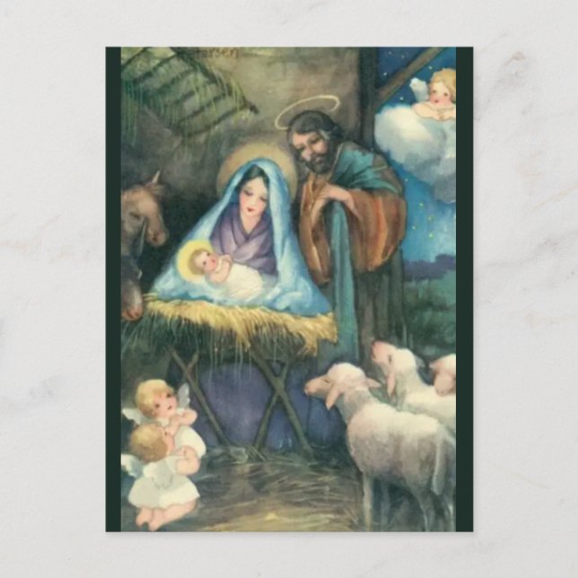 Vintage Julen Nativity Vykort (Framsida)