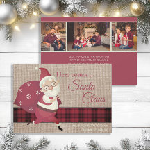 Vintage Julen Tomte Kommer Plaid Burlap Foto