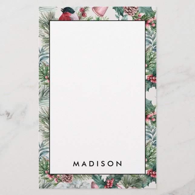 Vintage julfåglar och gräs blommönster brevpapper (Framsida)