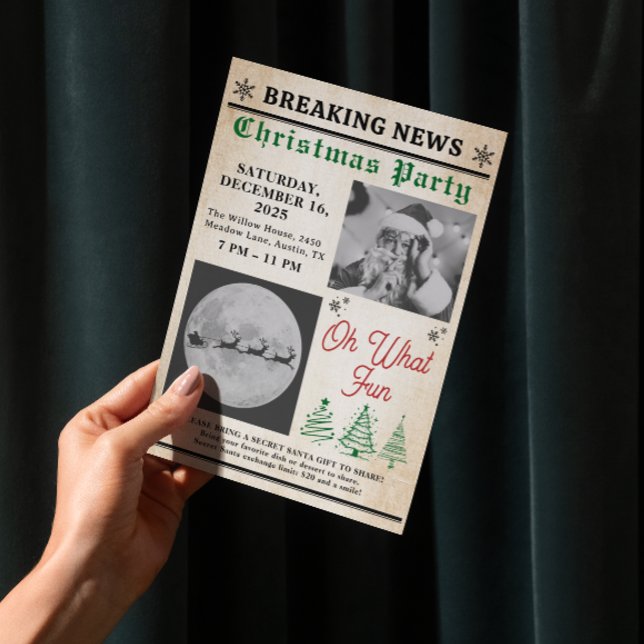 Vintage julfest med tidningsträd inbjudningar ( Christmas Invitation adult christmas party friendsmas secret santa jingle and mingle White elephant)