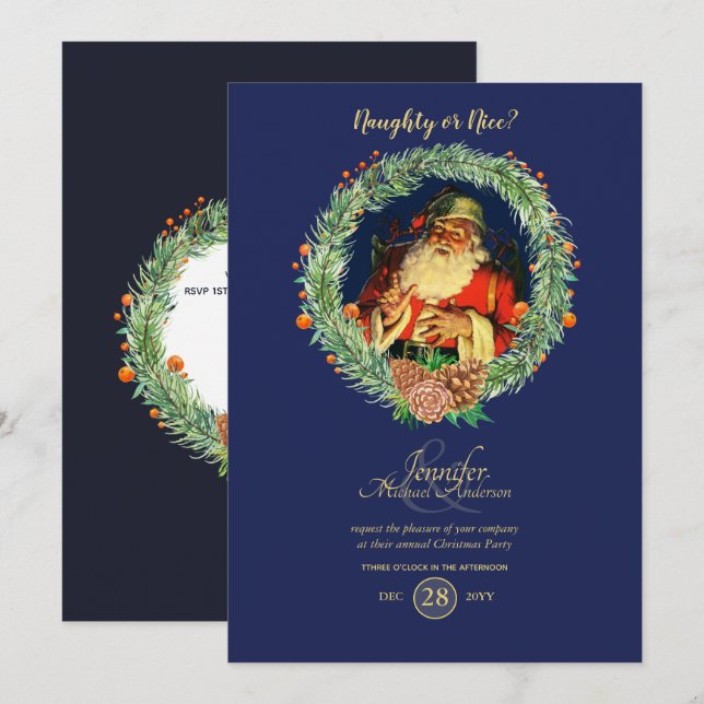 Vintage julfestinbjudan Blue Red Inbjudningar (Fram/baksida)