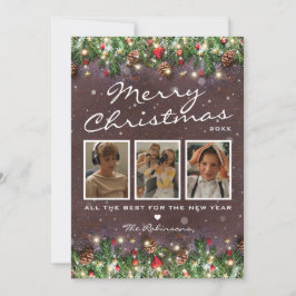 Vintage julgran med 3 foton i trä julkort