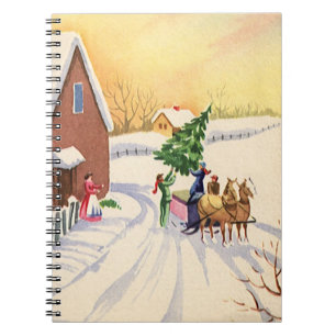 Vintage julgran på en snöig vinterväg anteckningsbok med spiral