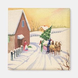 Vintage julgran på en snöig vinterväg magnet