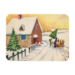 Vintage julgran på en snöig vinterväg magnet