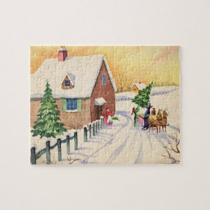 Vintage julgran på en snöig vinterväg pussel