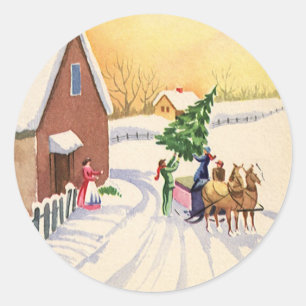 Vintage julgran på en snöig vinterväg runt klistermärke