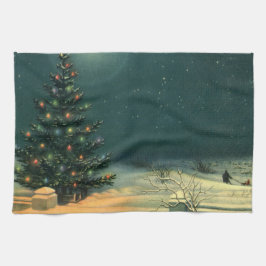 Vintage julgran på natten med ljus och snö kökshandduk