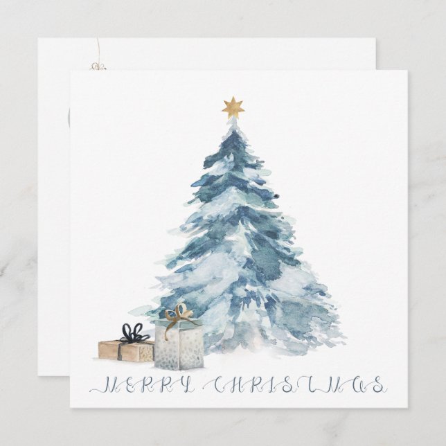 Vintage julgran vattenfärg guldstjärna kort (Fram/baksida)