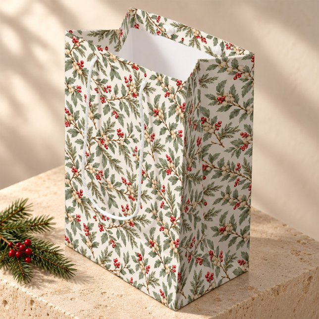 Vintage julgrönt med järnekbär (Vintage Christmas gift bag with sage greenery and watercolor red and cream berries.)