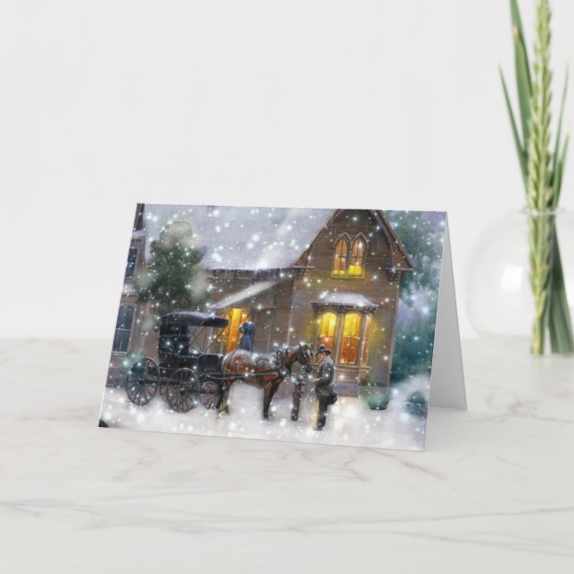 Vintage julhäststransportens vinterscen helgkort (Framsida)
