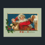 Vintage juljulkort helg vykort<br><div class="desc">Charming-bilden av St. Nick har återställts till originellt vibrerande färg. Tomten levererar leksak på en snöig jul Kväll.</div>