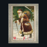 Vintage juljulkort helg vykort<br><div class="desc">Återställd och förbättrad nostalgisk bild av tomten som levererar gåvor i snö.</div>