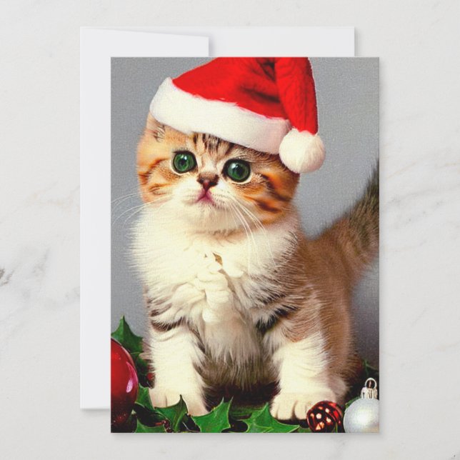 Vintage julkatt i tomtehatt julkort (Framsida)