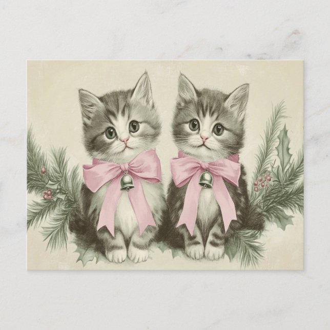 Vintage julkatten med rosa slingor vykort (Framsida)