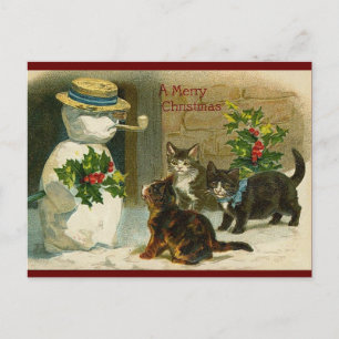 Vintage-julkatter och snögubbe vykort
