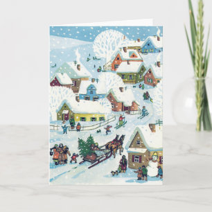Vintage-julkort Cute Snowy Village Helgkort