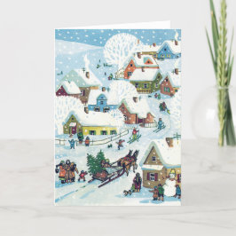 Vintage-julkort | Cute Snowy Village Helgkort
