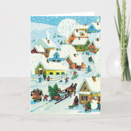 Vintage-julkort | Cute Snowy Village Helgkort
