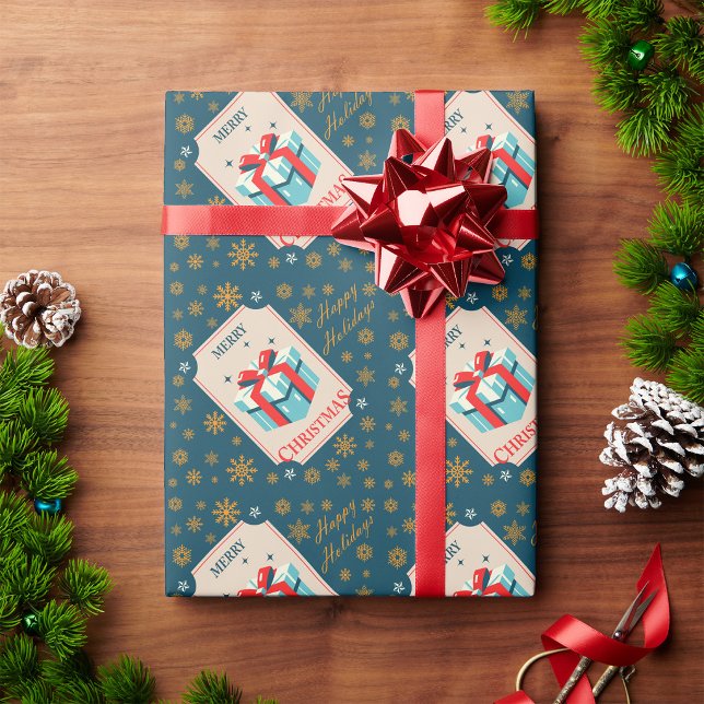Vintage julkort med festlig presentlåda presentpapper (Vintage Christmas Card With Festive Gift Box. Wrapping Paper)
