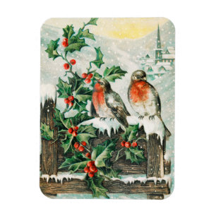 Vintage julkort med rödhakar, järnek, kyrka magnet
