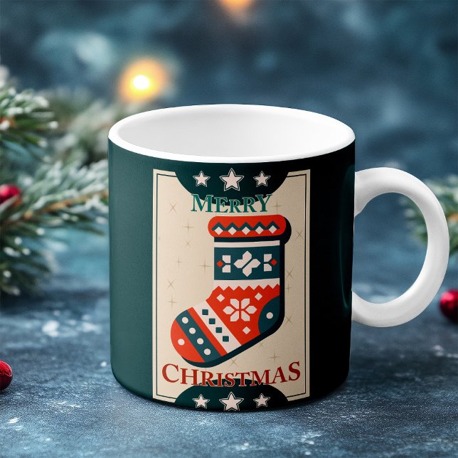 Vintage julkort med stickillustration  kaffemugg (Vintage Christmas Card with Stocking Illustration. Coffee Mug)