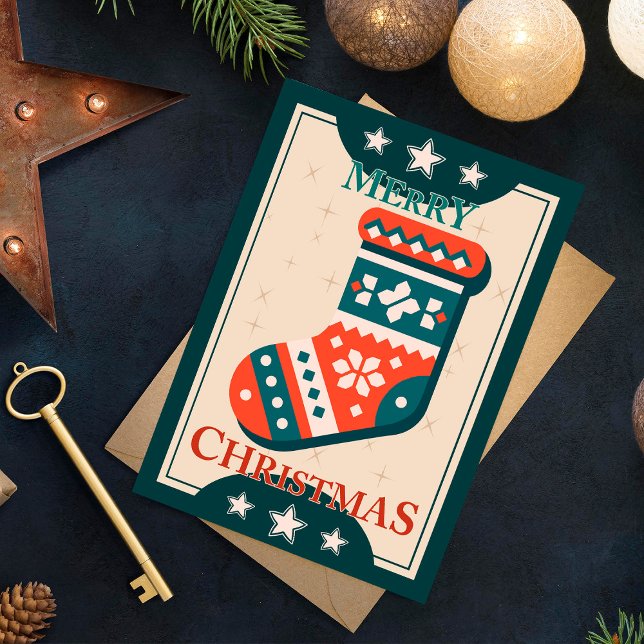 Vintage julkort med stickillustration  vykort (Vintage Christmas Card with Stocking Illustration. Postcard)