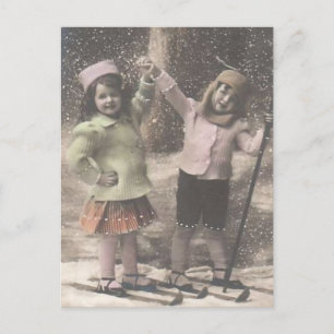 Vintage julkort på skidor helg vykort