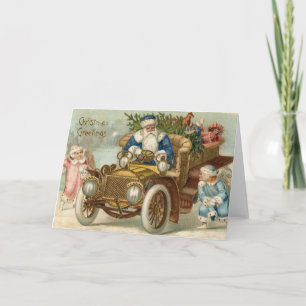 Vintage-julkort   Santa vintage bil Cherubs Helgkort