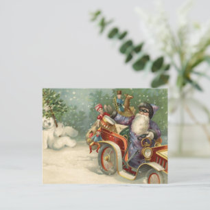 Vintage-julkort   Santa vintage bil Snögubbe Helg Vykort