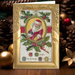Vintage julkort till julkortet Santa Guld Ram Helgkort<br><div class="desc">Nostalgiskt och traditionellt kort med Viktoriansk tidsinställning som har återupprättats digitalt med ornate guld löv ram. Inuti texten finns anpassade. Matchande vykort,  porto,  adressetiketter och presentetiketter finns tillgängliga.</div>