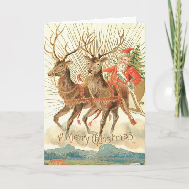 Vintage julkort, Tomte med renar Kort (Framsida)