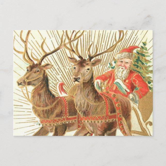Vintage julkort, Tomte med renar Vykort (Framsida)