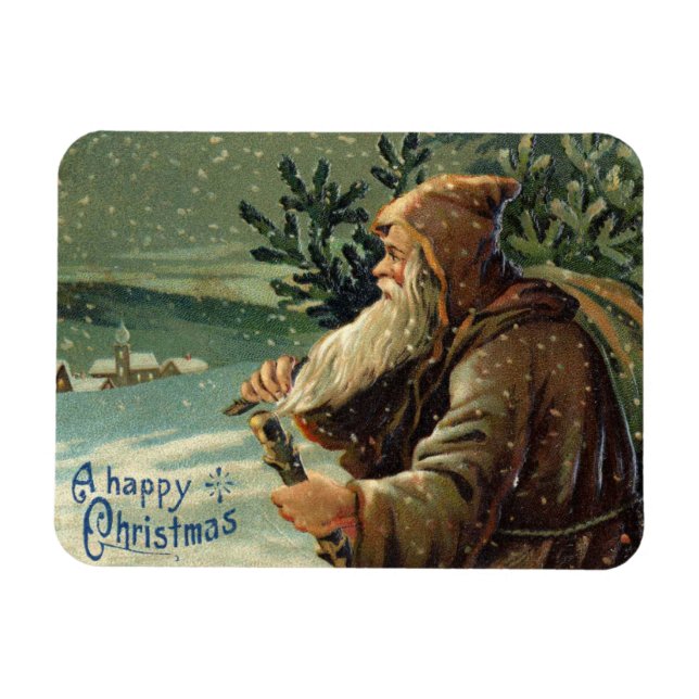 Vintage julkort, Tomte och träd Magnet (Horisontell)