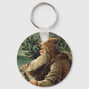 Vintage julkort, Tomte och träd Nyckelring