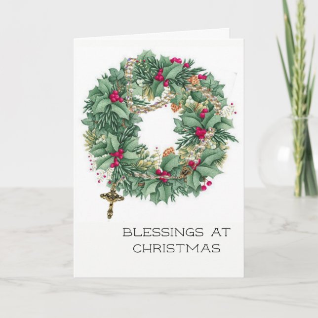 Vintage julkrans med rosenkrans helgkort (Framsida)