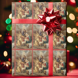 Vintage julkrubba heliga familjen med ängel jul presentpapper