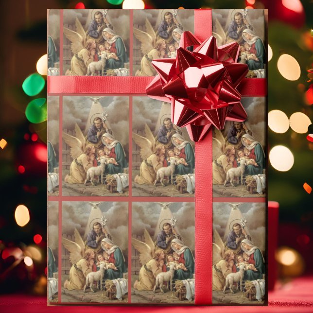 Vintage julkrubba heliga familjen med ängel jul presentpapper (Skapare uppladdad)