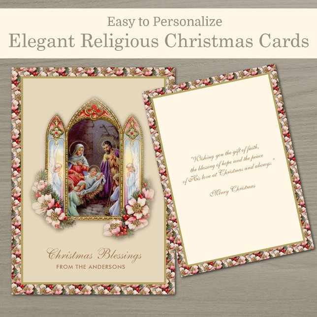 Vintage Julkrubba Jesus Maria Josef Blommig Kort (Elegant Traditional Religious Christmas Cards - Easy to personalize - FREE SHIPPING available!)
