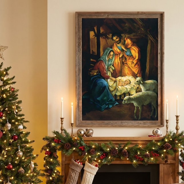 Vintage julkrubba, Jesusbarnet i krubban Poster (Vintage illustration religious Christmas image featuring a nativity scene, baby Jesus in the manger.)