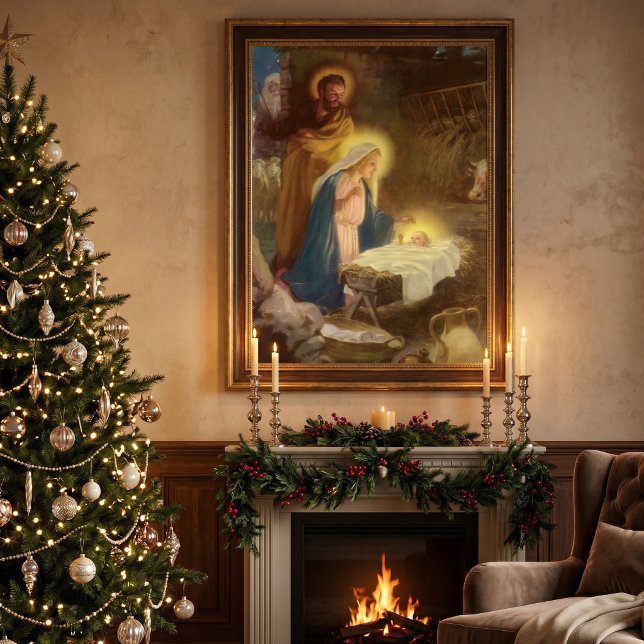 Vintage julkrubba, Maria Josef Jesusbarnet Poster (Vintage illustration religious Christmas image featuring a classic nativity scene in the manger.)