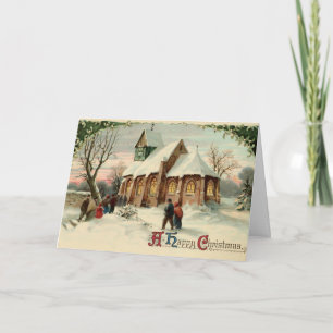 Vintage julkyrka församlingsmedlemmar vid dagsljus helgkort