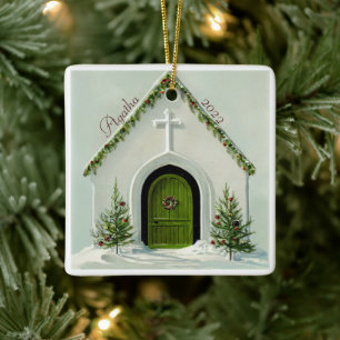 Vintage julkyrka i snö julgransprydnad keramik